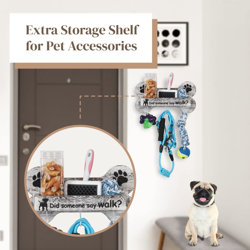 J JACKCUBE DESIGN Rustic White Bone Shape Wall Mounted Dog Leash Holder with 3 Key Holder Hooks and Extra Storage Compartment Box Shelf for Pet Treats, Accessories and more - MK679A - Image 4